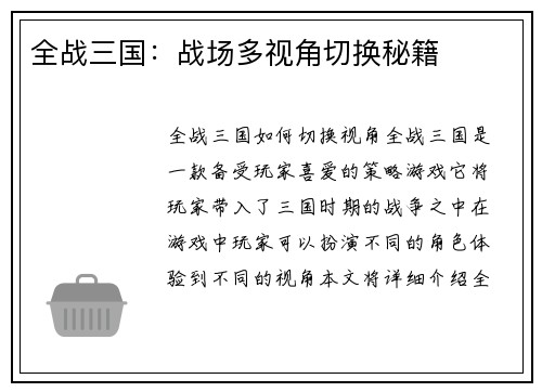 全战三国：战场多视角切换秘籍