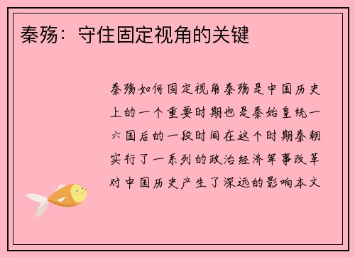 秦殇：守住固定视角的关键