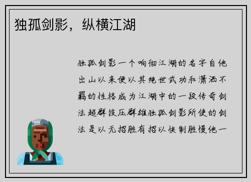 独孤剑影，纵横江湖