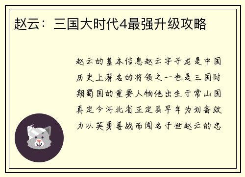 赵云:三国大时代4最强升级攻略