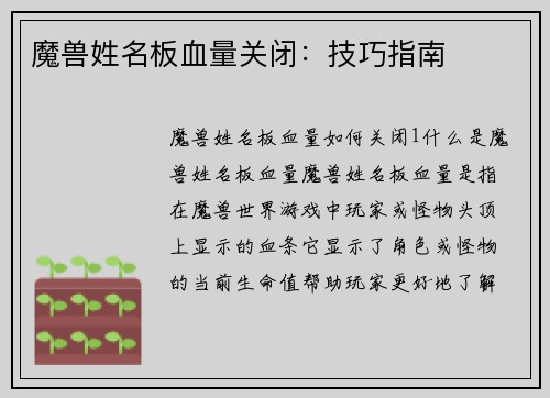 魔兽姓名板血量关闭:技巧指南